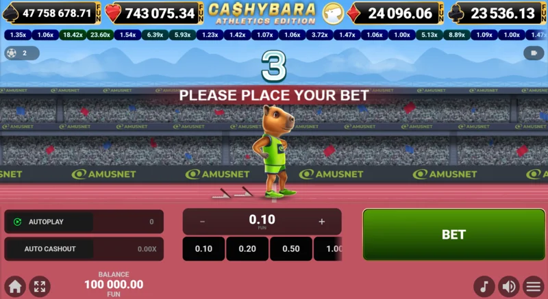 Cashybara Athletics Edition - ekrani kryesor i garës me treguesin e koeficientit